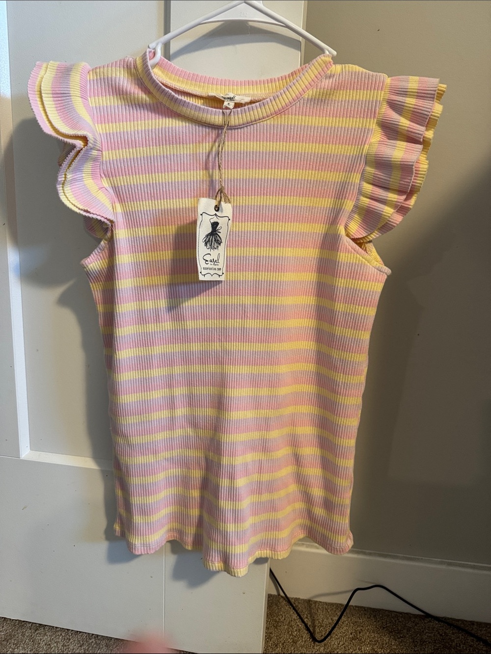 easel Pink and Yellow Striped Ruffle Sleeve Tank Top
